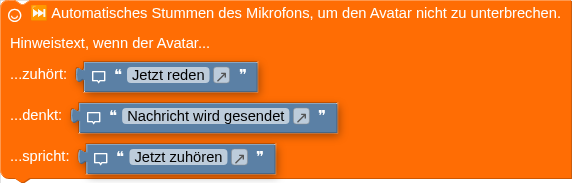 ⏭️ Automatisches Stummen des Mikrofons, um den Avatar nicht zu unterbrechen. Hinweistext, wenn der Avatar... ...zuhört: ...denkt: ...spricht: